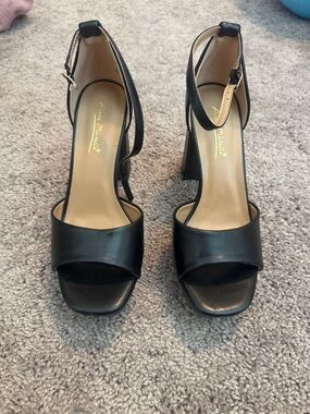 Anne Michelle Black Open-Toe Ankle-Strap Block Heels